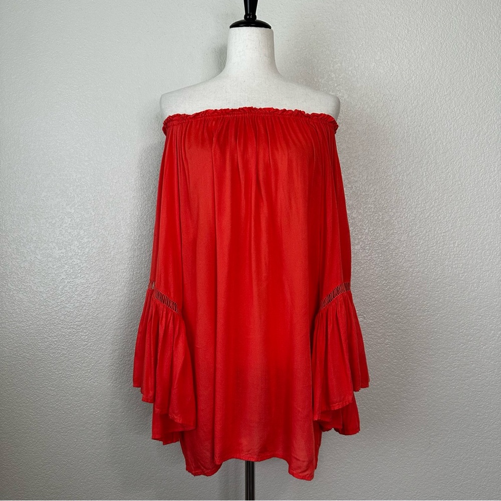 Elan Red Off-the-shoulder Ruffle Bell Sleeves Peasant Top
